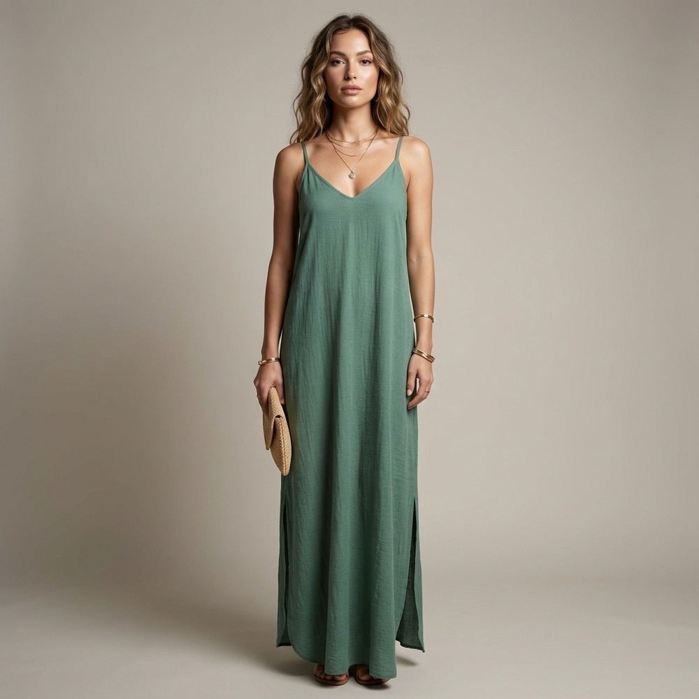 Pomandere Sage Green Cotton Silk V-Neck Maxi Dress Made in Italy USA 2 IT 36